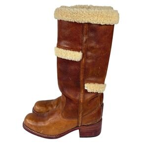 VTG Frye Campus Boots Brown Shearling 70s Tall Leather‎ Women Sz 10 Pull On RARE